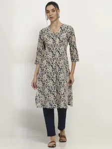 Rangriti Floral Printed V-Neck Cotton Straight Kurta