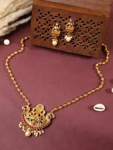 ANIKAS CREATION Gold-Plated Stone Studded & Pearls Beaded Necklace With Earrings
