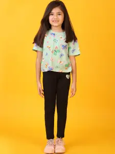 Anthrilo kids Girls Printed Round Neck T-shirt Leggings Clothing Set