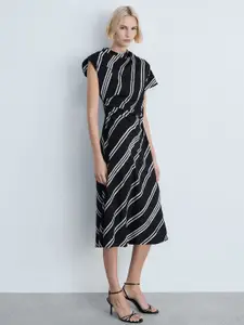 MANGO Diagonal Stripes Ruched Effect Cowl Neck A-Line Midi Dress