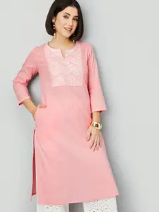 max Floral Yoke Design Notch Neck Cotton Straight Kurta