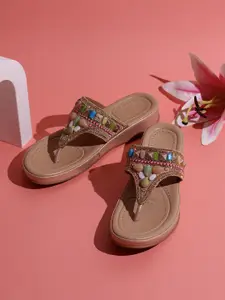 Inc 5 Women Embellished Round Toe T-Strap Flats