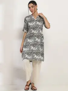 Rangriti Floral Printed Mandarin Collar Cotton Straight Kurta