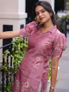 Tulip Eden Floral Printed Chanderi Silk Shirt Collar Straight Kurta