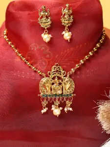 ANIKAS CREATION Gold-Plated Stone Studded & Pearls Beaded Necklace With Earrings