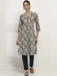Rangriti Floral Printed V-Neck Cotton Straight Kurta