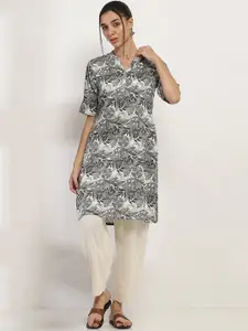 Rangriti Floral Printed Mandarin Collar Cotton Straight Kurta