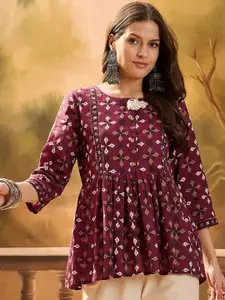 Sangria Dabu Printed Pure Cotton Peplum Top
