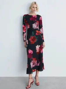 MANGO Floral Print Boat Neck Georgette Slip Midi Shift Dress