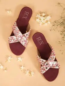 RUXBYPAYAL Women Embellished Open Toe Flats with Embroidered