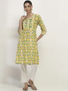 Rangriti Floral Printed Notch--Neck Cotton Straight Kurta