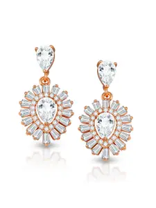 DIVASTRI Gold-Plated Cubic Zirconia Studded Floral Shaped Drop Earrings
