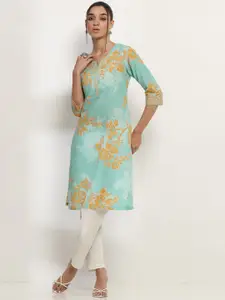 Rangriti  Floral Printed Notch--Neck Cotton Straight Kurta