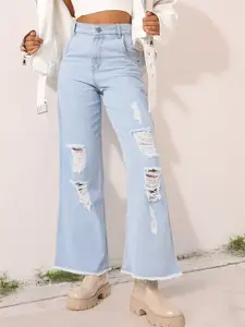 DressBerry Women Edgy Grunge Wide Leg Highly Distressed Ripped High Rise Jeans