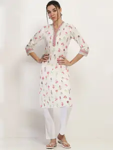 Rangriti Floral Printed V-Neck Cotton Straight Kurta