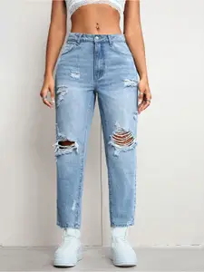 HIGH BUY Women High-Rise Highly Distressed Heavy Fade Jeans