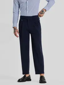 Snitch Men Dark Navy Blue Mid-Rise Regular Fit Pleated Trouser