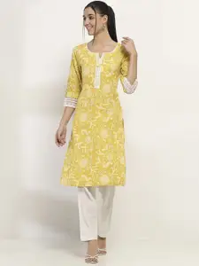 Rangriti  Floral Printed Notch-Neck Cotton Straight Kurta