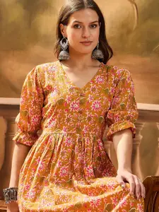 Sangria Floral Printed Pure Cotton A-Line Midi Dress