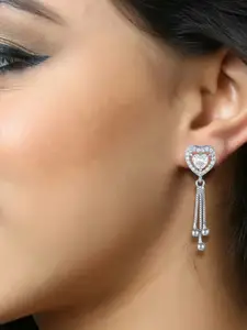 DIVASTRI Rhodium-Plated Cubic Zirconia Studded Heart Shaped Drop Earrings