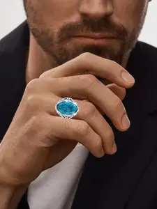 MEMOIR Men Silver-Plated Turquoise Stone Studded Finger Ring