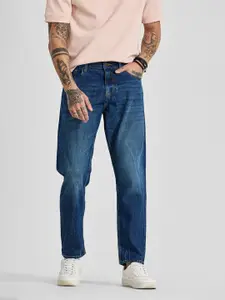 Snitch Men Low Distress Light Fade Snitch Dark Navy Blue Mid-Rise Baggy Jeans