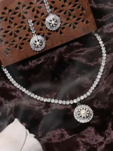 ANIKAS CREATION Sliver-Plated American Diamond Studded Necklace With Earrings
