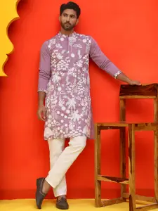 Jompers Men Floral Embroidered Regular Chikankari Kurta with Pyjamas