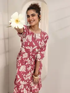Libas Floral Print Keyhole Neck Puff Sleeve Fit & Flare Dress
