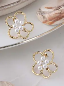 PALMONAS Gold-Plated Pearls Beaded Stainless Steel Anti-Tarnish Floral Studs