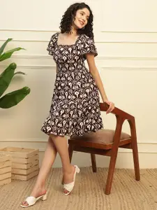 DEEBACO Floral Print Bell Sleeve Fit & Flare Dress