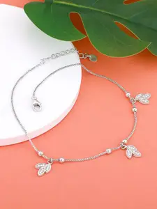 GIVA 925 Silver Rhodium-Plated Zircon Stone Studded Dangling Triple Leaf Charm Anklets