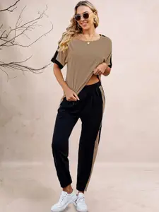 DTR FASHION Color-Blocked T-Shirt & Trousers Co-Ords Set