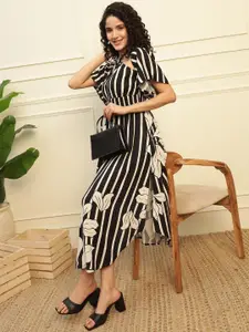 DEEBACO Striped Halter Neck Bell Sleeve Empire Maxi Dress
