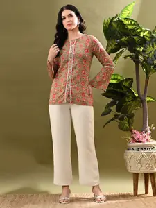 Sangria Floral Printed Cotton Top With Lace-Detail