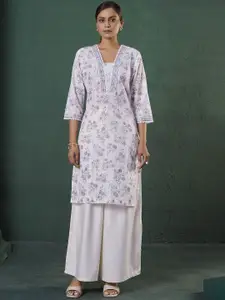 Anouk Floral Printed V-Neck Gotta Patti Pure Cotton Straight Kurta