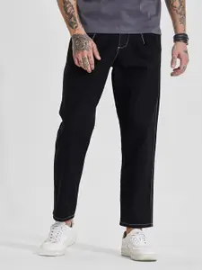 Snitch Men Dark Jet Black Mid-Rise Baggy Jeans
