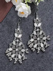 Sangria Silver-Plated Mirror Floral Shaped Oxidised Drop Dangle Earrings