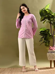 Sangria Printed Cotton Round Neck Top With Lace-Detail