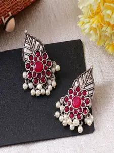 Sangria Sliver-Plated Crystals Studded & Pearls Beaded Leaf Shaped Oxidised Drop Earrings
