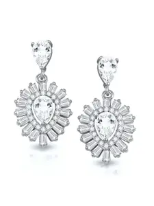 DIVASTRI Rhodium-Plated Cubic Zirconia Studded Floral Shaped Drop Earrings