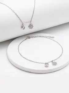 GIVA 925 Silver Rhodium-Plated Zircon Studded Floral Charm Anklets