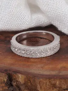 Tuanz Silver Jewelry 925 Sterling Silver Rhodium-Plated Cubic Zirconia-Studded Finger Ring