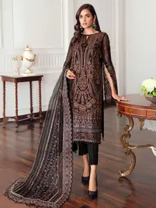 ODETTE Women Black Georgette Rose Gold Embroidered Semi-Stitched Dress Material