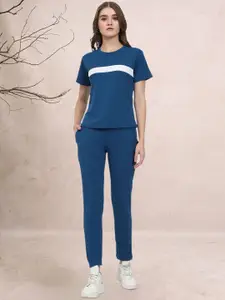 DTR FASHION Colourblocked Round Neck T-Shirt With Trousers Co-Ords