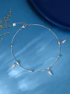 GIVA 925 Sterling Silver Rhodium-Plated Zircon Studded Leaf Anklets