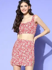 Berrylush Floral Printed Shoulder Straps Crop Top With Skirt