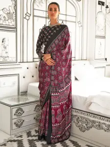 Mitera modal Ajrak Block Poly Crepe Block Print SareeWith Blouse Piece