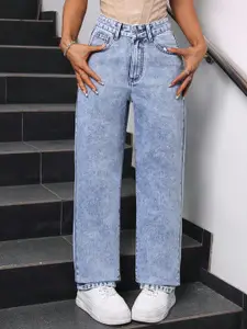DressBerry Women Comfort Straight Fit High-Rise Light Fade Acid Wash Stretchable Jeans