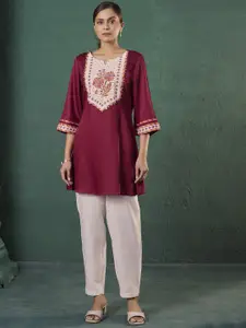 Anouk Floral Printed Mirror Work Straight Kurta